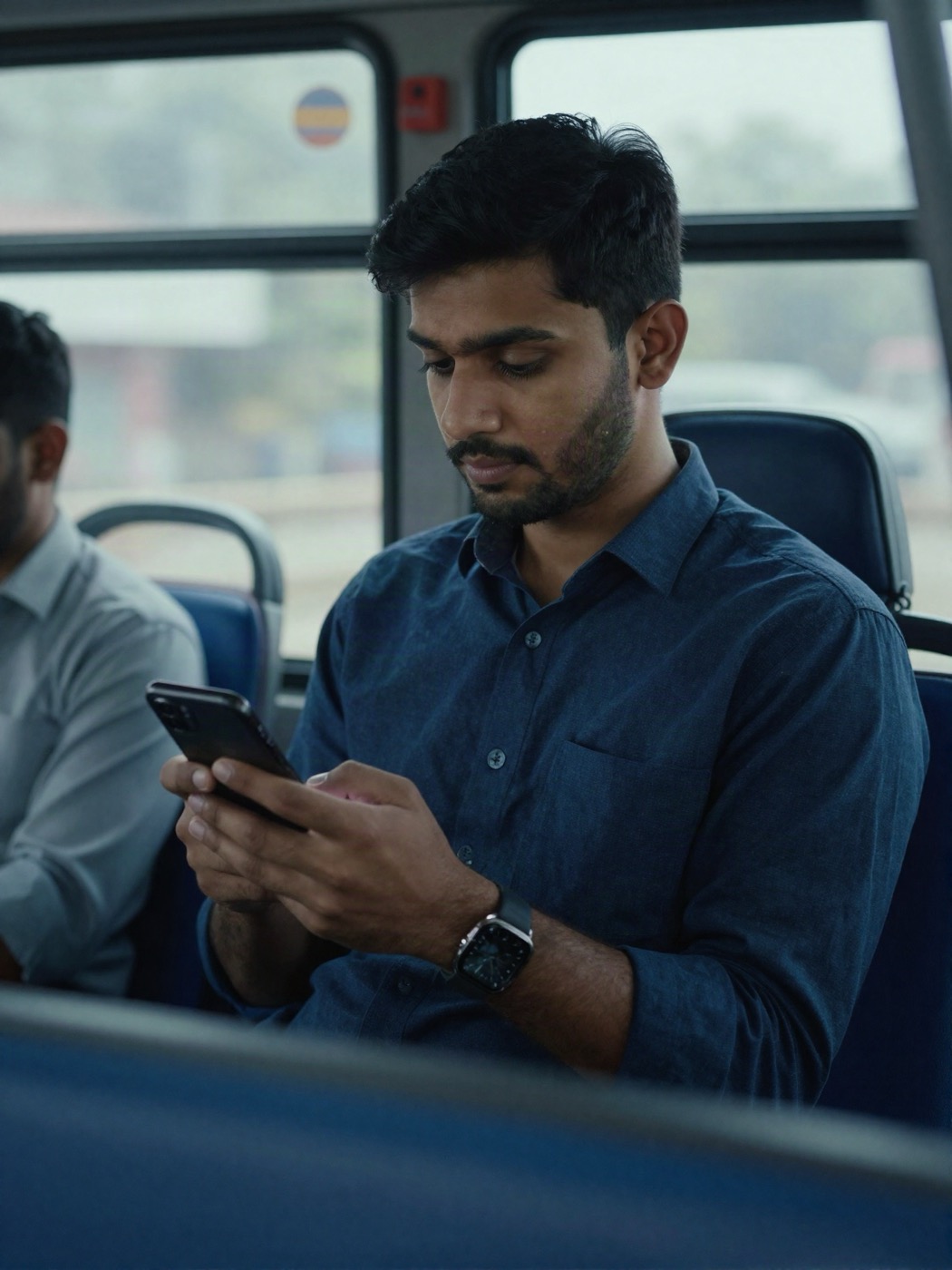 Commuter on a bus using a phone