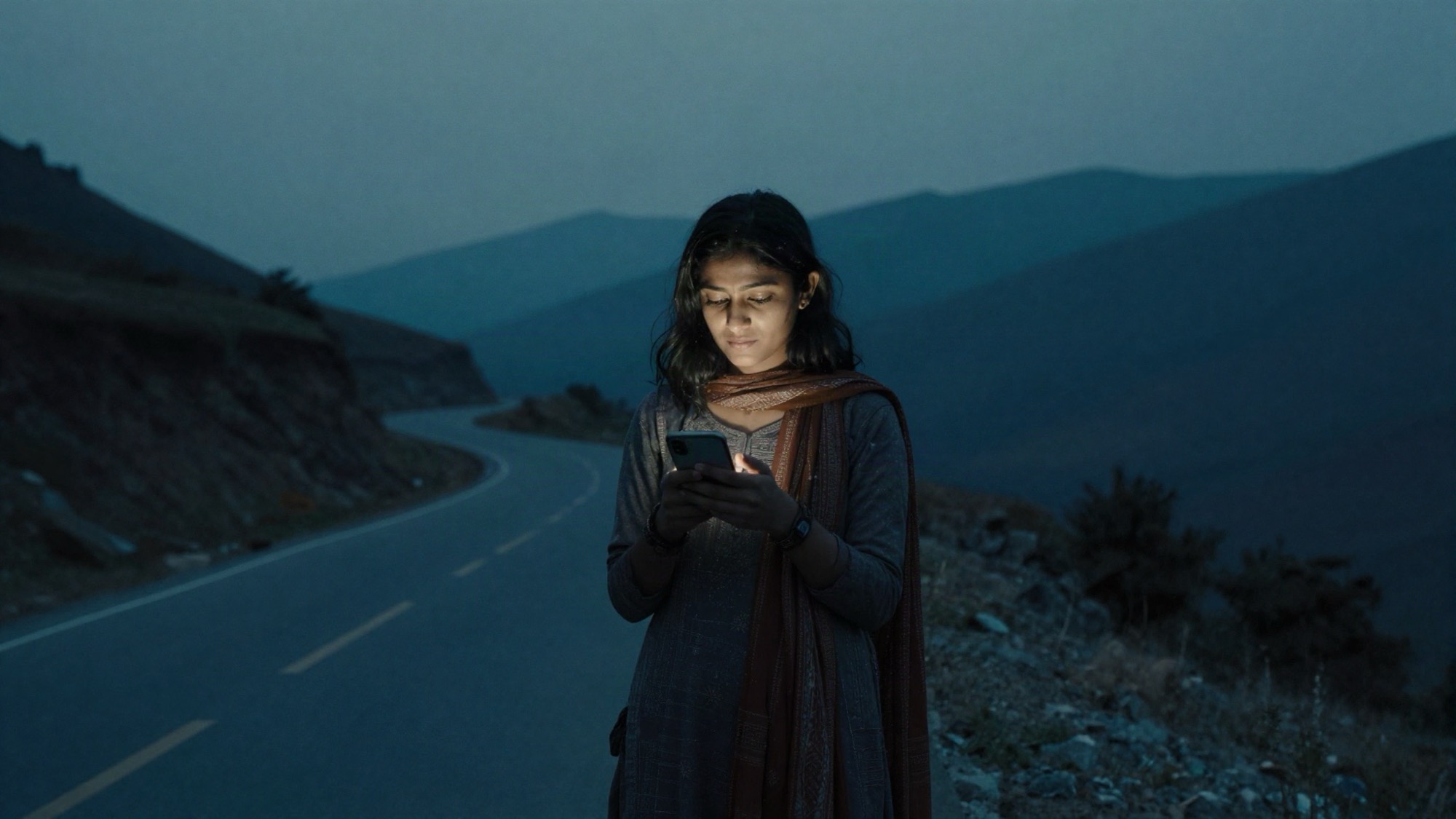 Woman on a rural mountain road at dusk using her phone